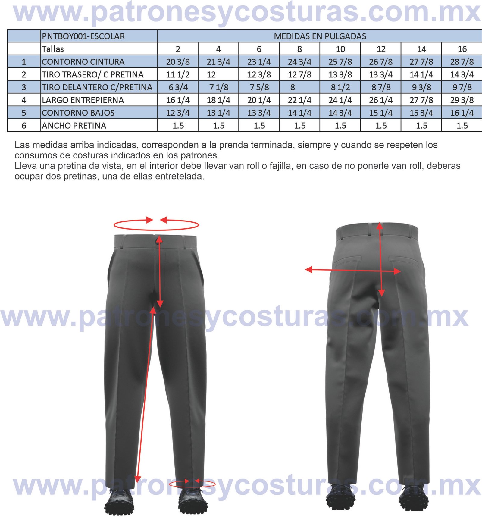 PATRÓN DE PANTALON ESCOLAR TALLAS